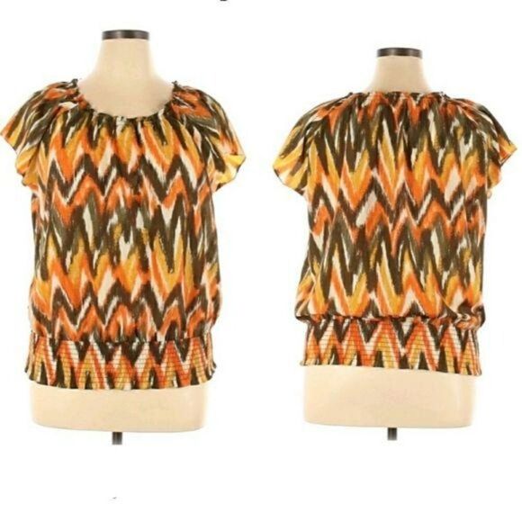 Michael Kors Warm 70's Multi Color Jewel Neck Short Flutter Sleeve Blouse Sz XL - Picture 1 of 12